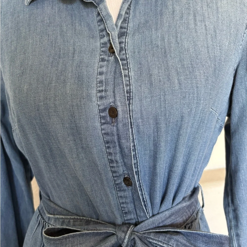 Washed Blue Denim Shirt Dress with Self-Tie Belt - Picture 2 of 5